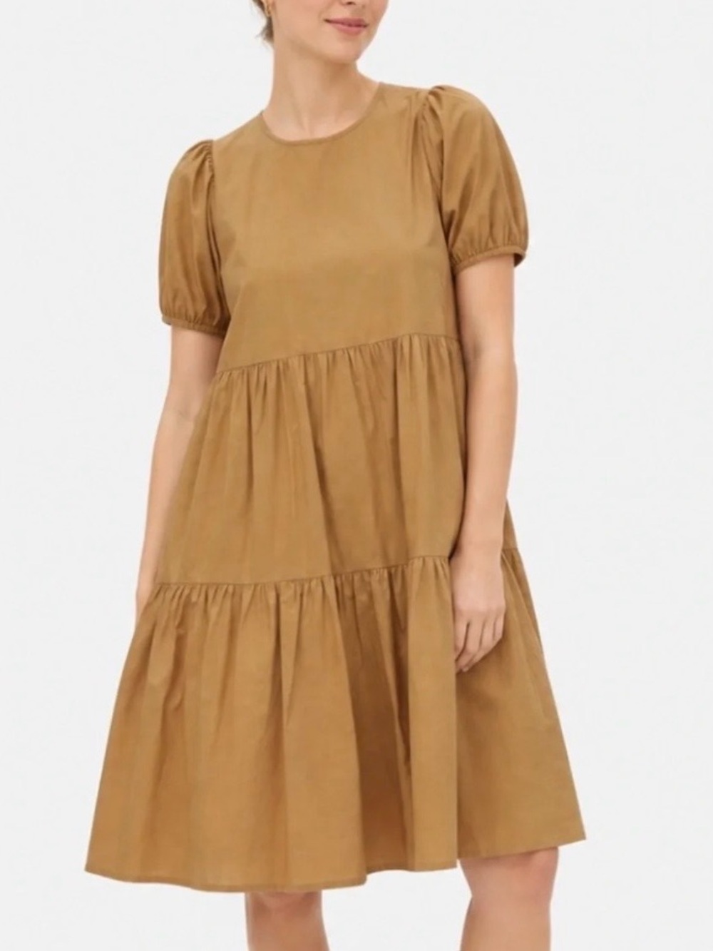 Everlane Camel /Tan Tiered Puff-Sleeve Midi Dress